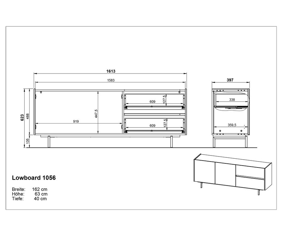 Technische Zeichnung des Lowboards Cantoria mit Maßangaben.