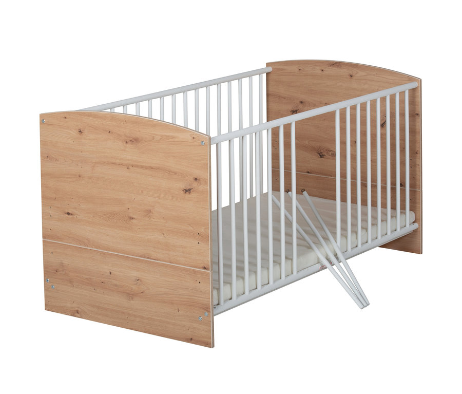 Schardt Babybett »Pepe«, 70 x 140 cm mit weißen Stäben und Holz Kopf- und Fußteil.
