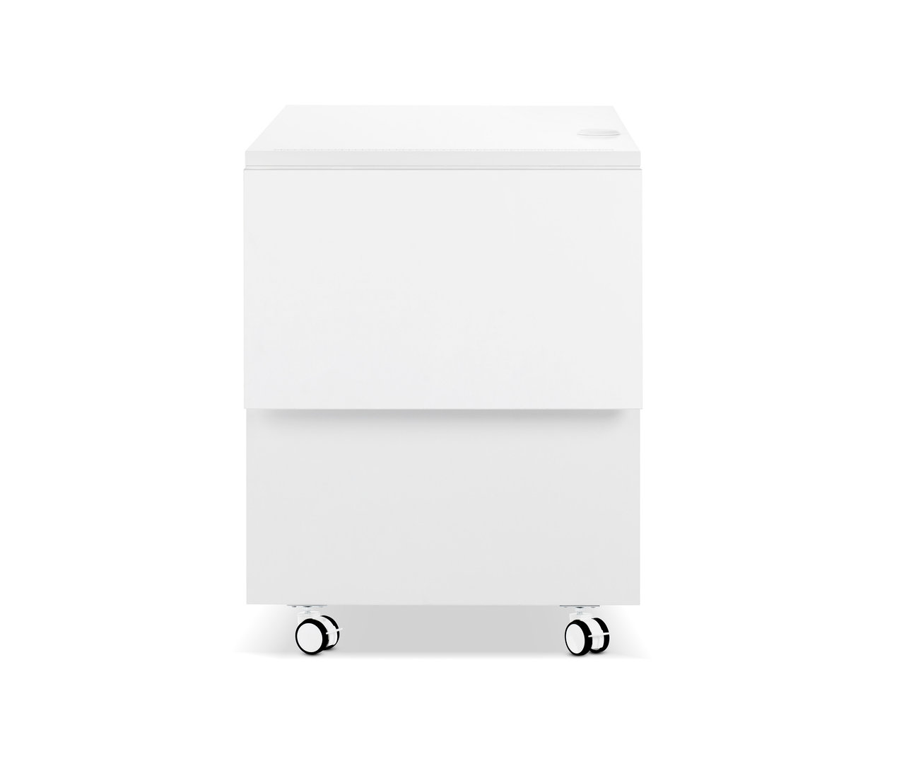 Weißer Multifunktionstisch mit erweiterbarer Tischplatte auf Rollen.