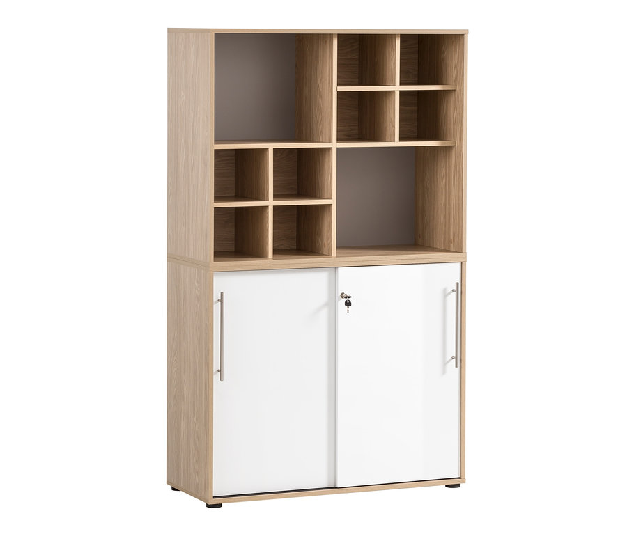 Ein Regal »Antero« und ein Aktenschrank »Antero«, beide in heller Holzoptik und Weiß.