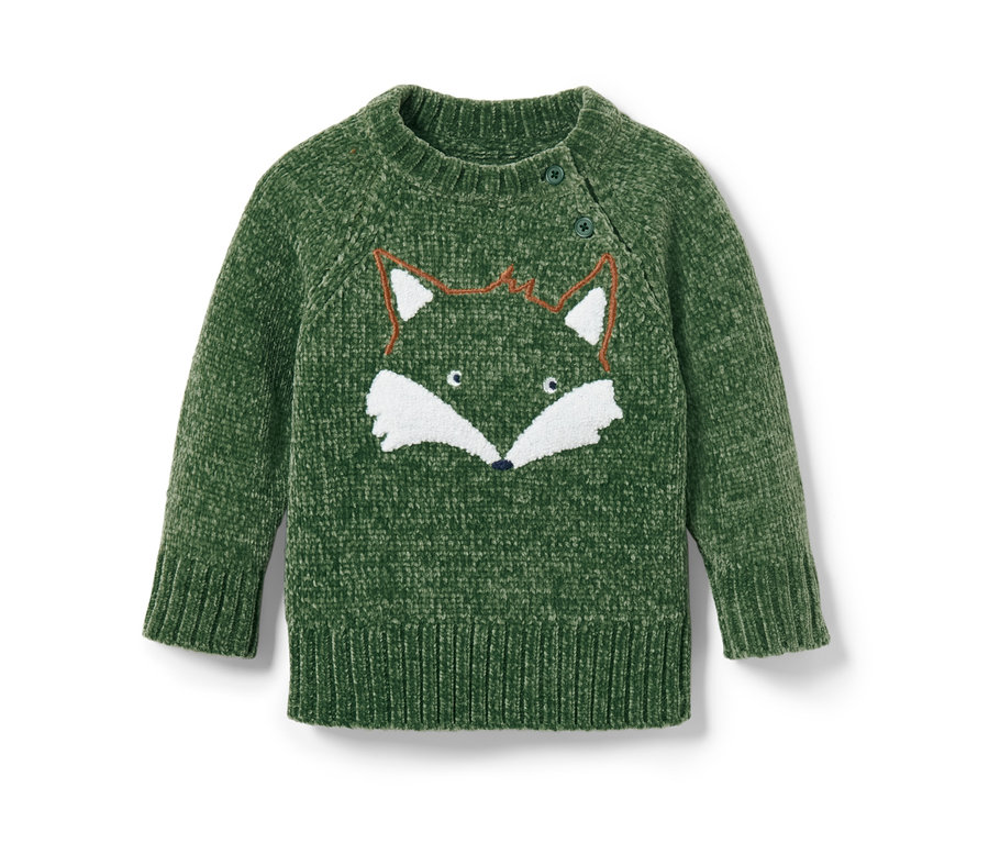 Grüner Kleinkind-Chenille-Strickpullover mit Fuchs.