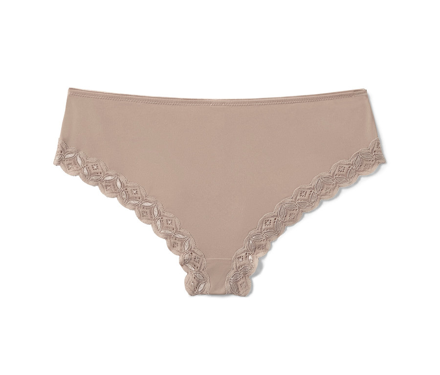 Ein einzelner beiger Brazil-Slip mit Spitze.