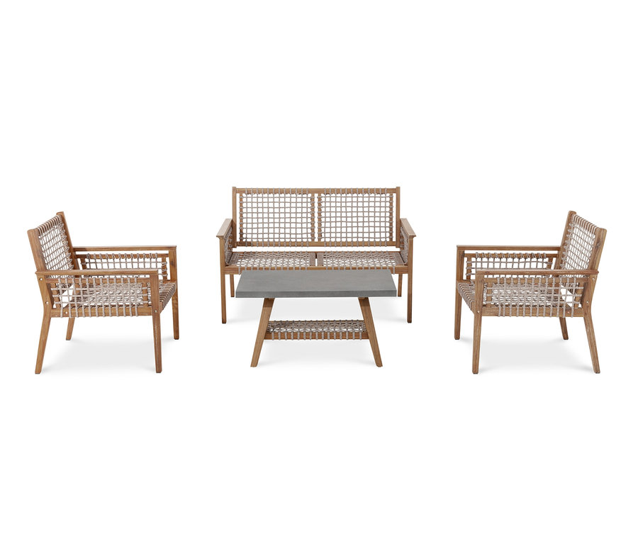 Lounge-Set mit Textilgeflecht mit zwei Sesseln und einem Tisch.