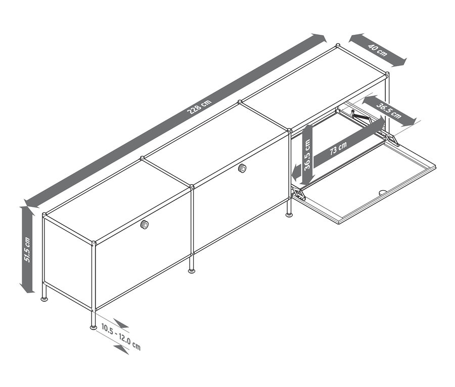Lowboard Metall »CN3« mit 3 Klappenfächern, eines davon geöffnet.