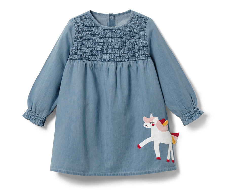 Blaues Kinder-Chambray-Kleid mit Einhorn-Applikation.