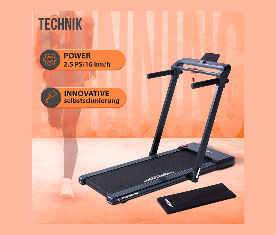 Schwarzes Christopeit Sport Laufband »TM 2400S« vor orangem Hintergrund.