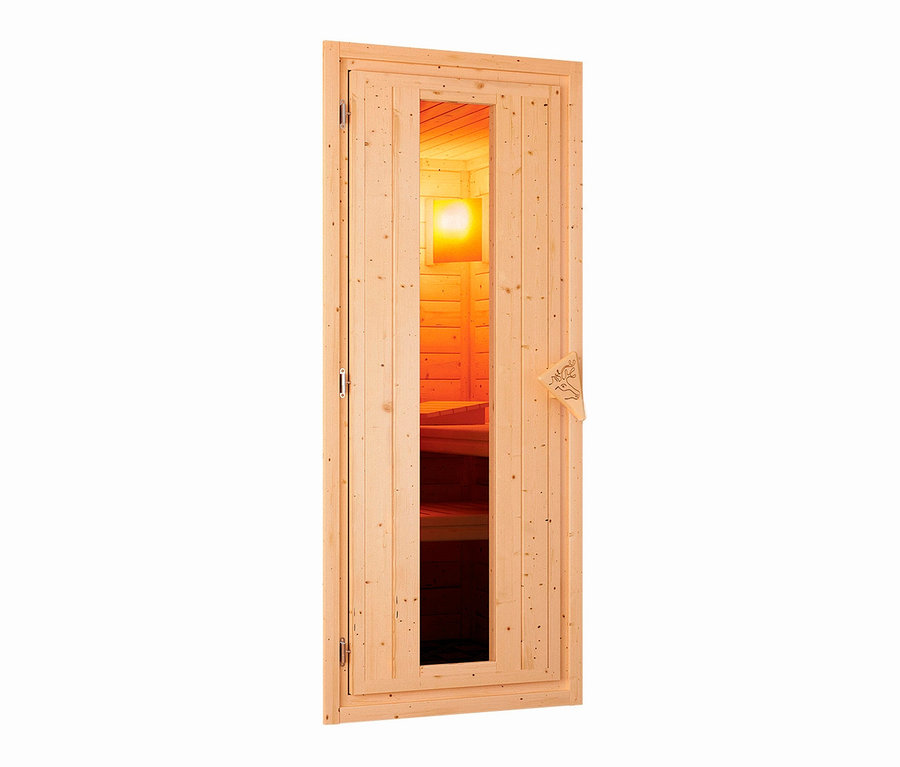 Holztür der Karibu Energiesparsauna »Seco«, BIO mit Fenster und Temperaturanzeige.