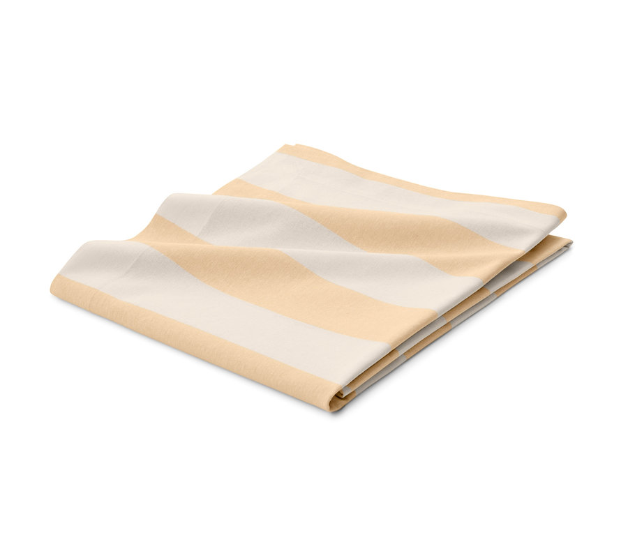 Gefaltete Tischdecke mit gelben und weißen Streifen.