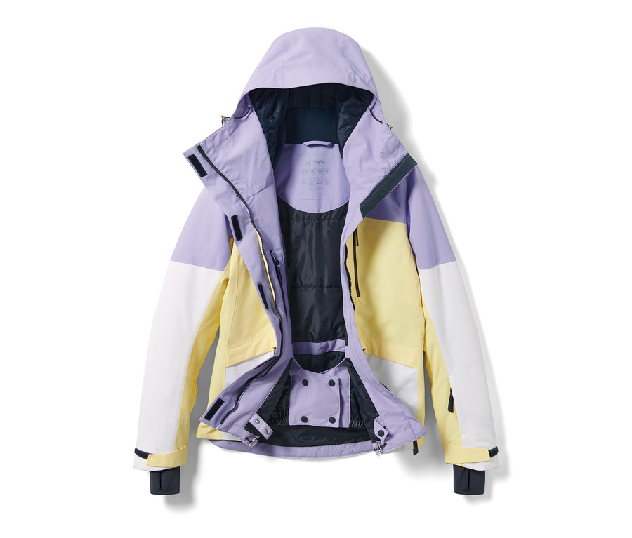 Geöffnete Skijacke in Helllila, Gelb und Weiß.