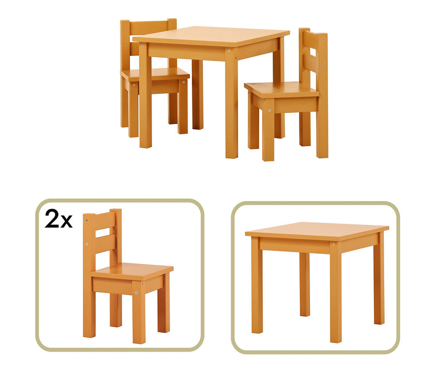 Das Bild zeigt ein ockergelbes Kindertisch- und Stuhlset.