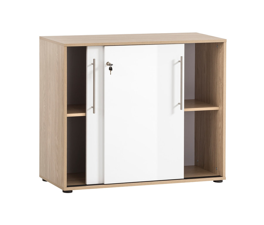 Aktenschrank »Antero« mit Schiebetüren, Holzdekor und weißen Türen.