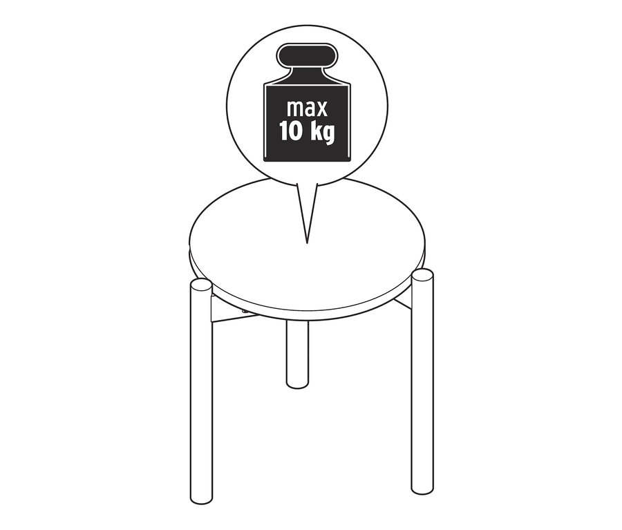 Diagramm eines runden Beistelltisches mit einer maximalen Traglast von 10 kg.