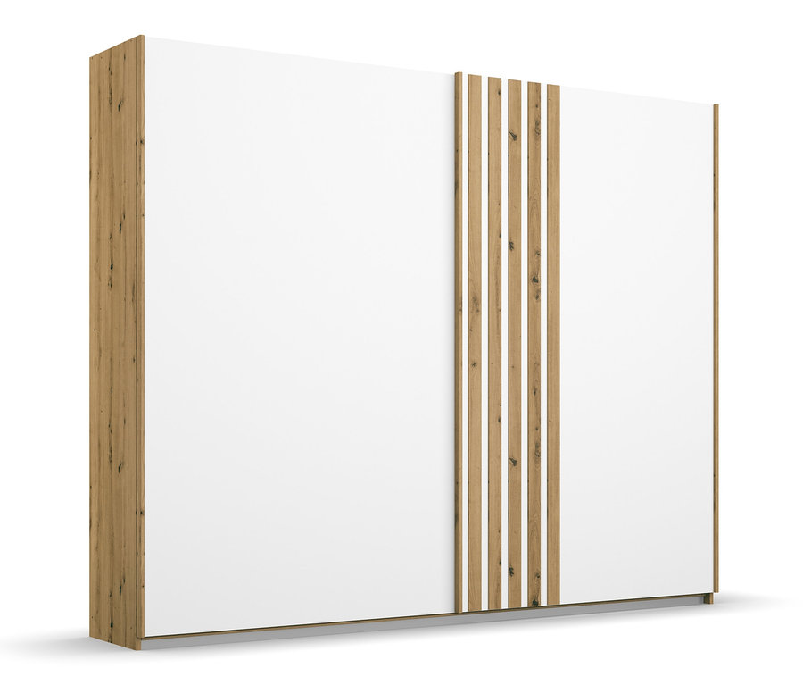Weißer rauch Schwebetürenschrank »Mosbach« mit Holzlamellen in der Mitte.