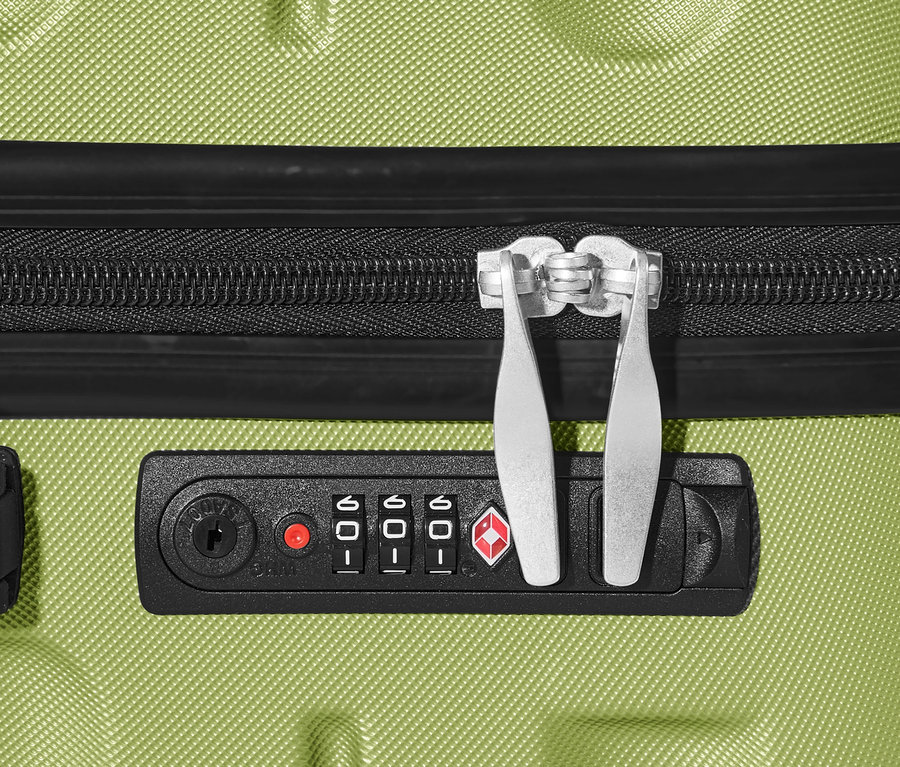 Nahaufnahme eines grünen 3er-Koffer-Set »Jörn« mit schwarzem Reißverschluss und Zahlenschloss.