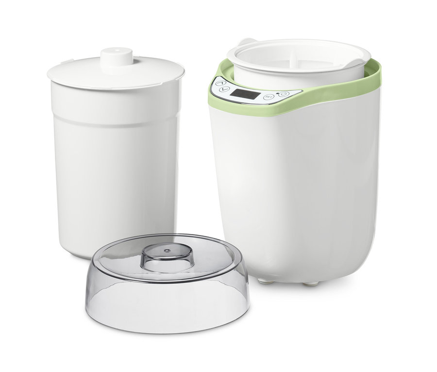 Weißer Joghurt-und-Frischkäse-Bereiter mit Deckel und transparenter Abdeckung.