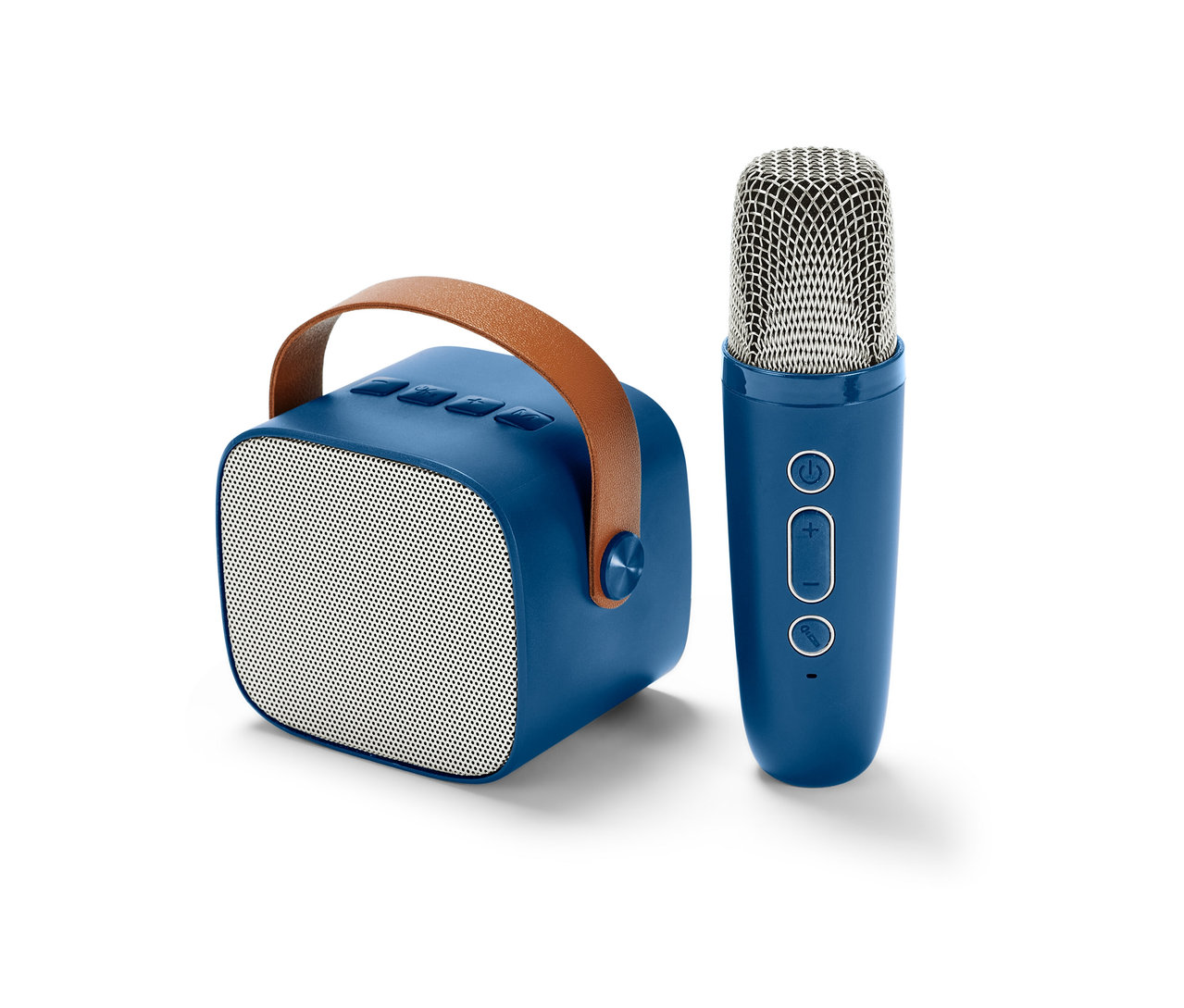 Blaues Karaoke-Set mit Lautsprecher mit braunem Griff und Mikrofon.