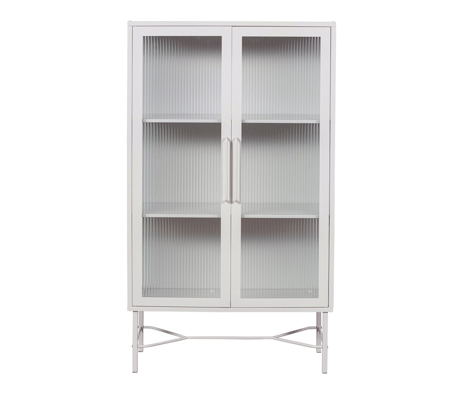 Sandfarbene Woood Vitrine »Zion« aus Metall mit zwei Glastüren und Regalböden.