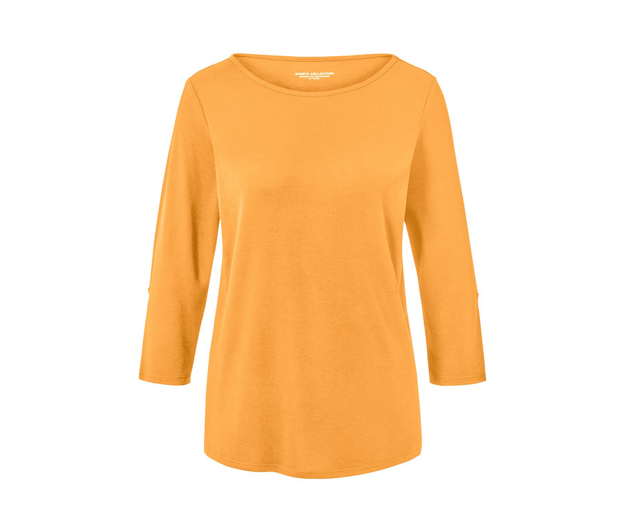 Orangefarbenes Funktionsshirt mit 3/4-Ärmeln.