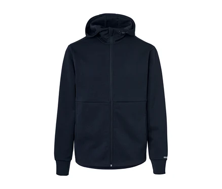 Eine marineblaue Funktionssweatjacke mit Kapuze und Reißverschluss.