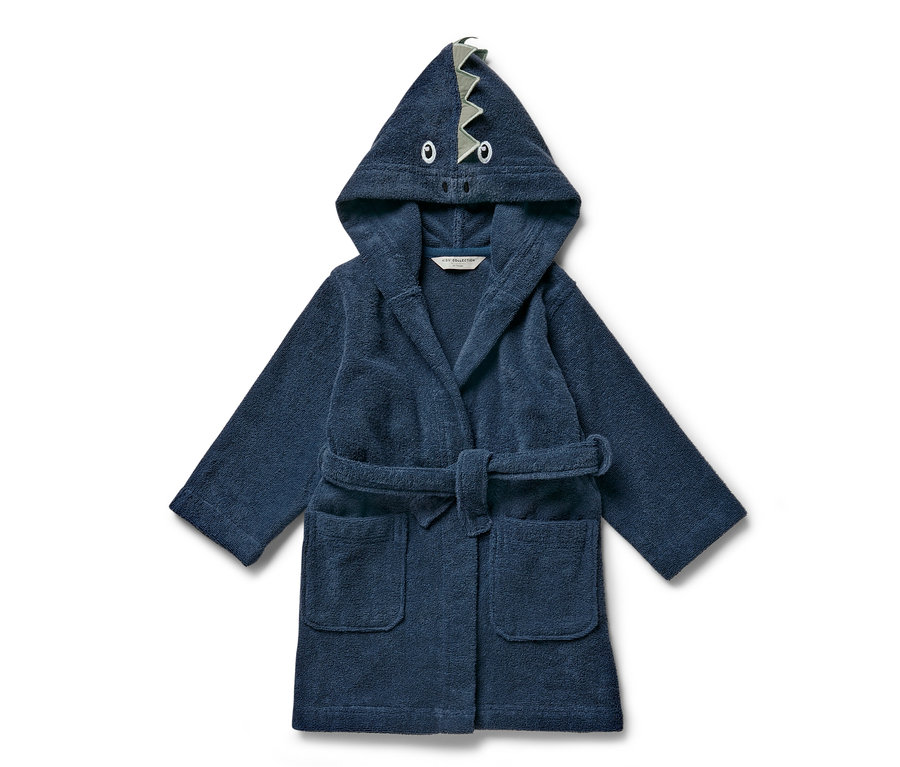 Blauer Kinder-Bademantel mit Drachenmotiv auf der Kapuze.