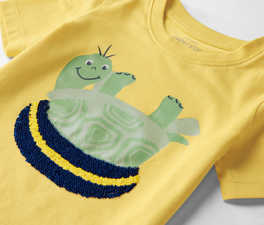 Gelbes Kinder-T-Shirt mit Schildkrötenapplikation, 2 Stk