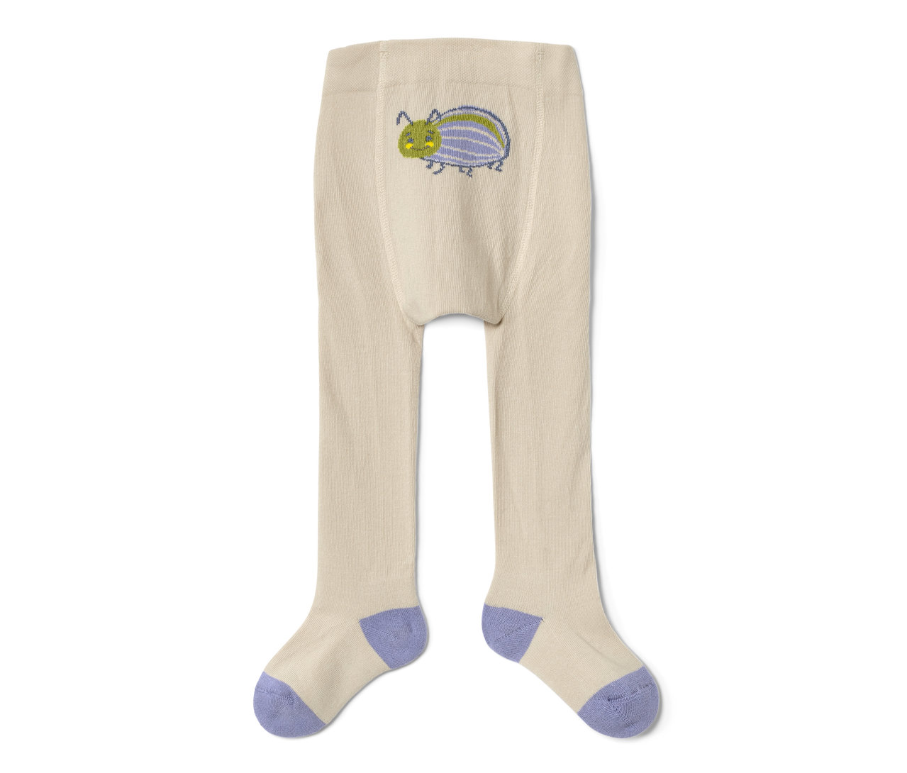 Cremefarbene Baby- und Kleinkind-Strumpfhose mit Käferstickerei und lila Zehen.