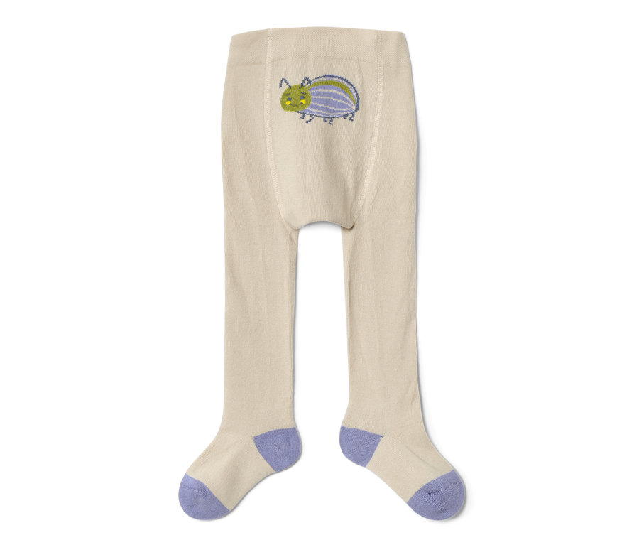 Cremefarbene Baby- und Kleinkind-Strumpfhose mit Käferstickerei und lila Zehen.