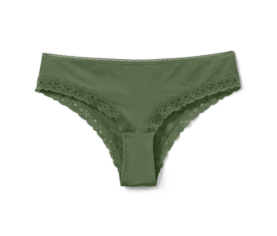 Ein olivgrüner Brazilslip mit Spitze.