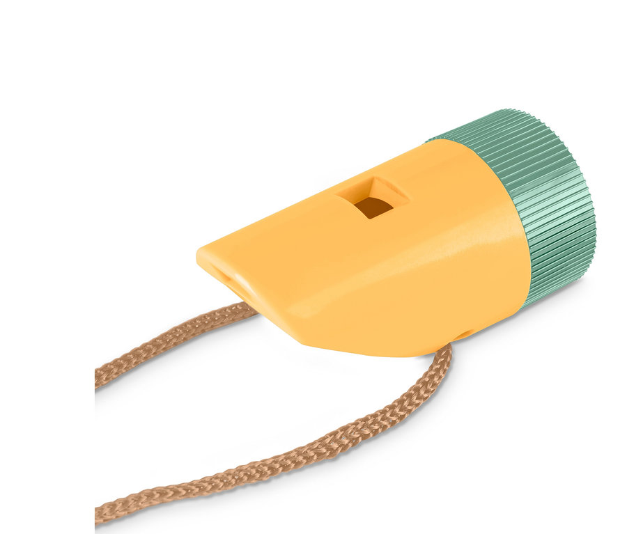 Gelb-grüne Kompaktes 7-in-1-Outdoor-Tool Pfeife mit brauner Kordel auf weißem Hintergrund.