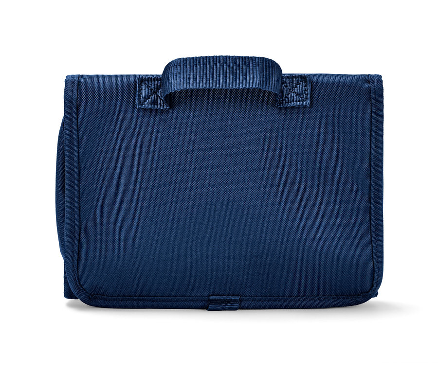 Eine blaue Kulturtasche.