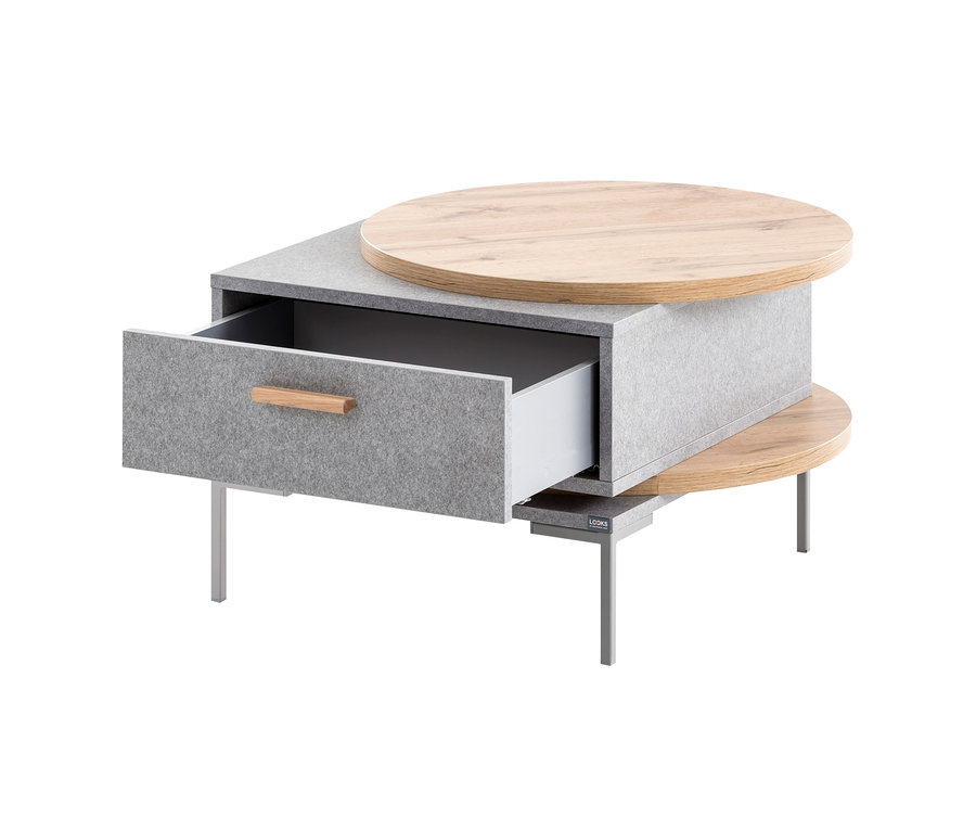 Grauer Couchtisch mit offener Schublade und zwei runden Holzplatten. LOOKS by Wolfgang Joop Couchtisch, grau