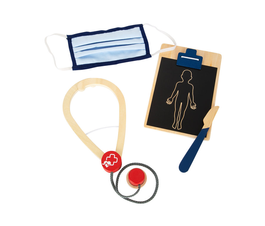 Medizinisches Spielzeug inklusive Stethoskop, Maske, Brett mit Körperbild und Spatel. small foot Notarzt-Rucksack.