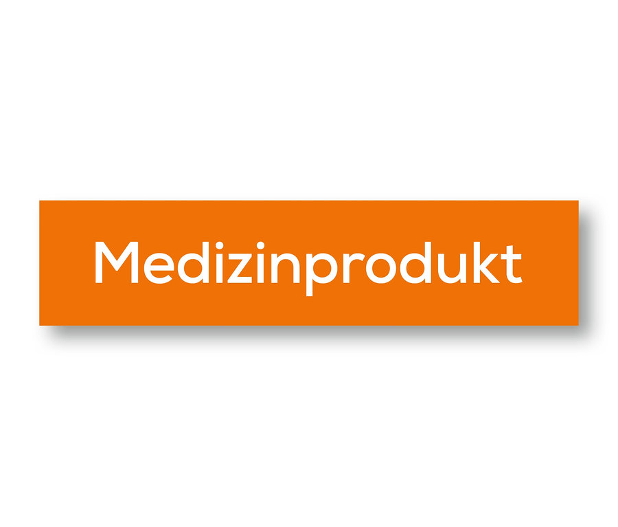 Ein orangefarbenes Rechteck mit dem Wort "Medizinprodukt" auf weißem Hintergrund.