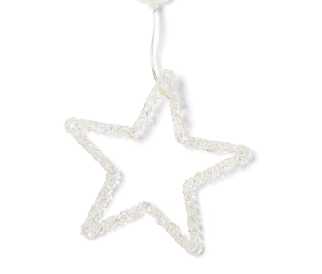 Dekorative Lichterkette in Sternform mit klaren Perlen und weißem Kabel.