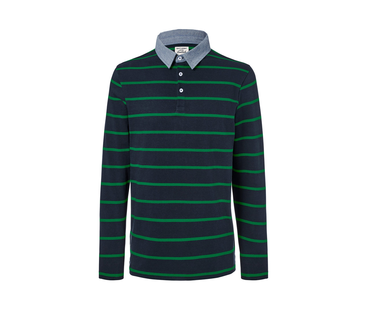 Blaugrün gestreiftes Langarm-Poloshirt.
