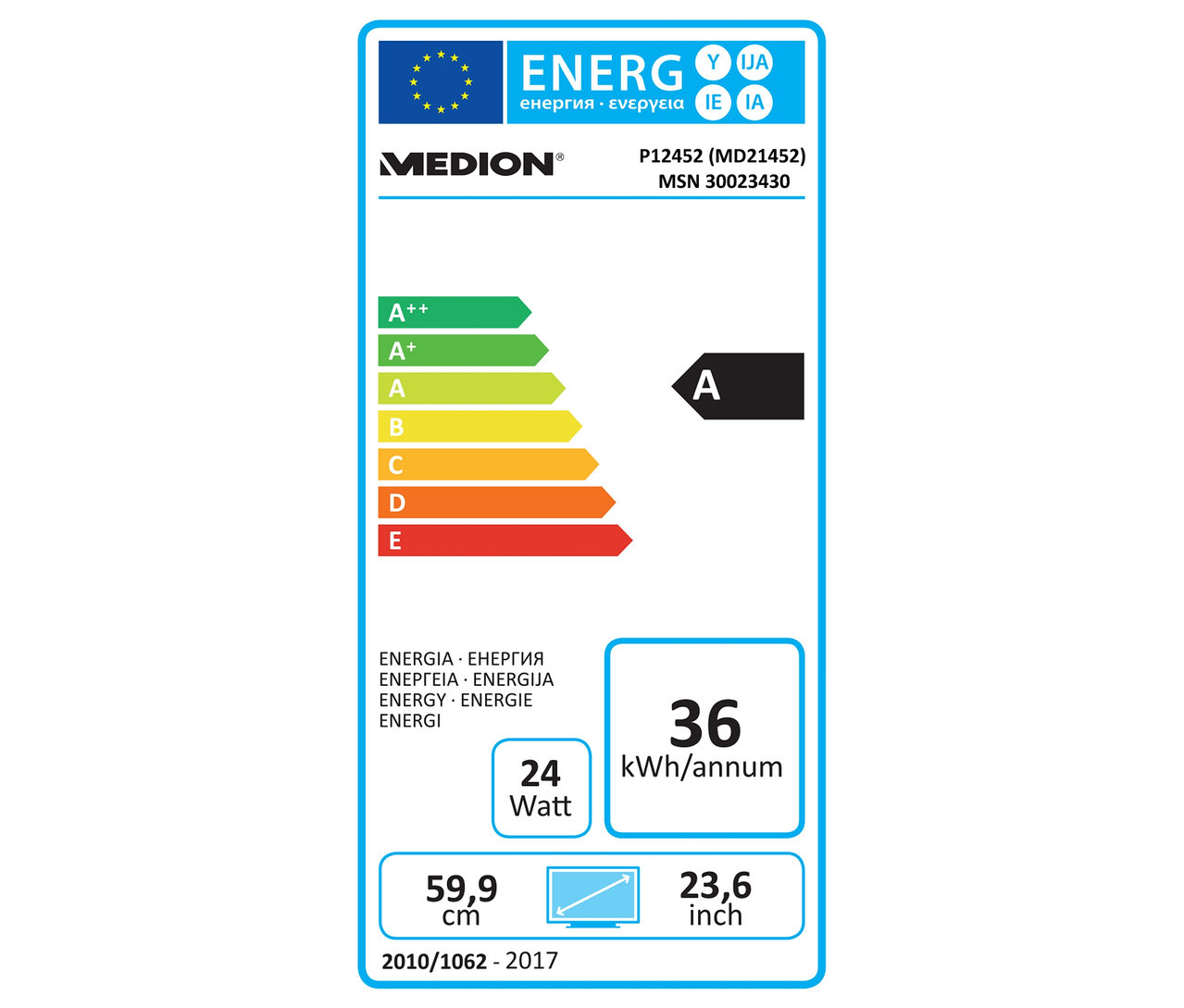 Energieetikett Medion P12452 (MD21452) mit A-Klassifizierung, 36 kWh/annum Verbrauch und 24 W Leistung.