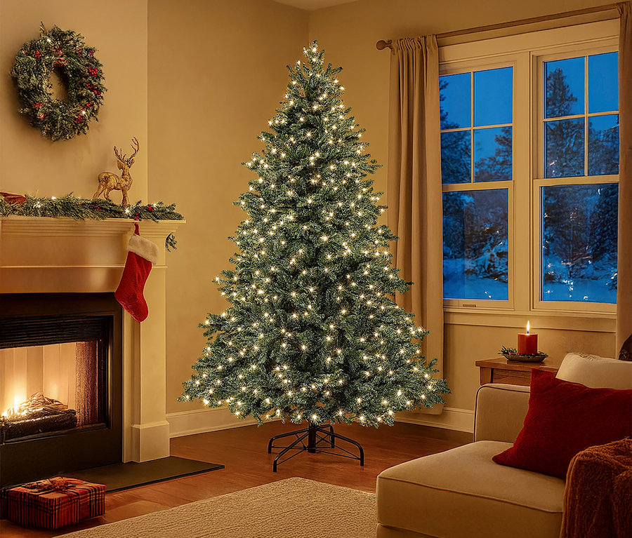 Wohnzimmer mit Weihnachtsbaum, geschmückt mit Lichtern, Kamin, Kranz und Sofa.