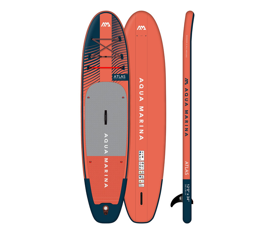 Drei Aqua Marina SUP Boards »Atlas« 12' 0" nebeneinander.