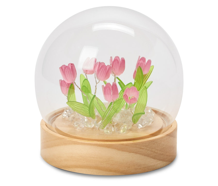 LED-DIY-Bastel-Set mit rosa Tulpen unter einer Glaskuppel.