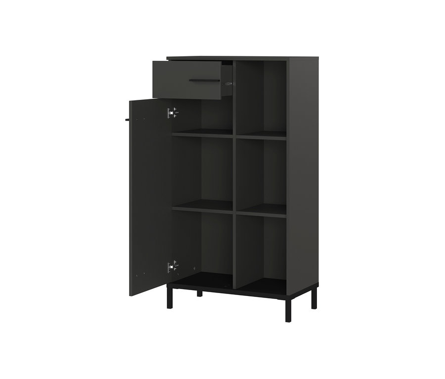 Ein kleiner, graphitfarbener Aktenschrank »Rovigo« mit offener Schublade und einer geöffneten Tür, die Regale freigibt.