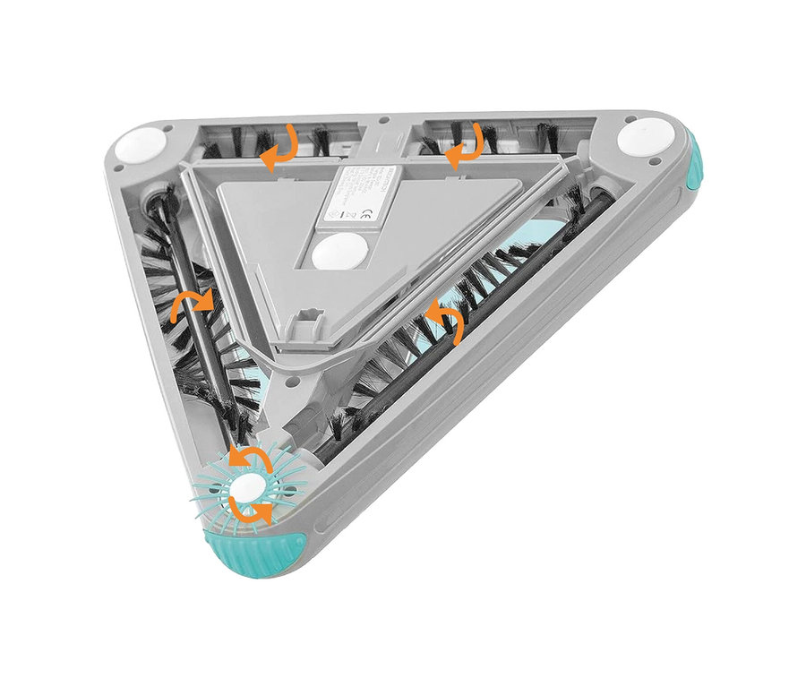 Detailansicht eines Akkubesens mit rotierenden Bürsten.
