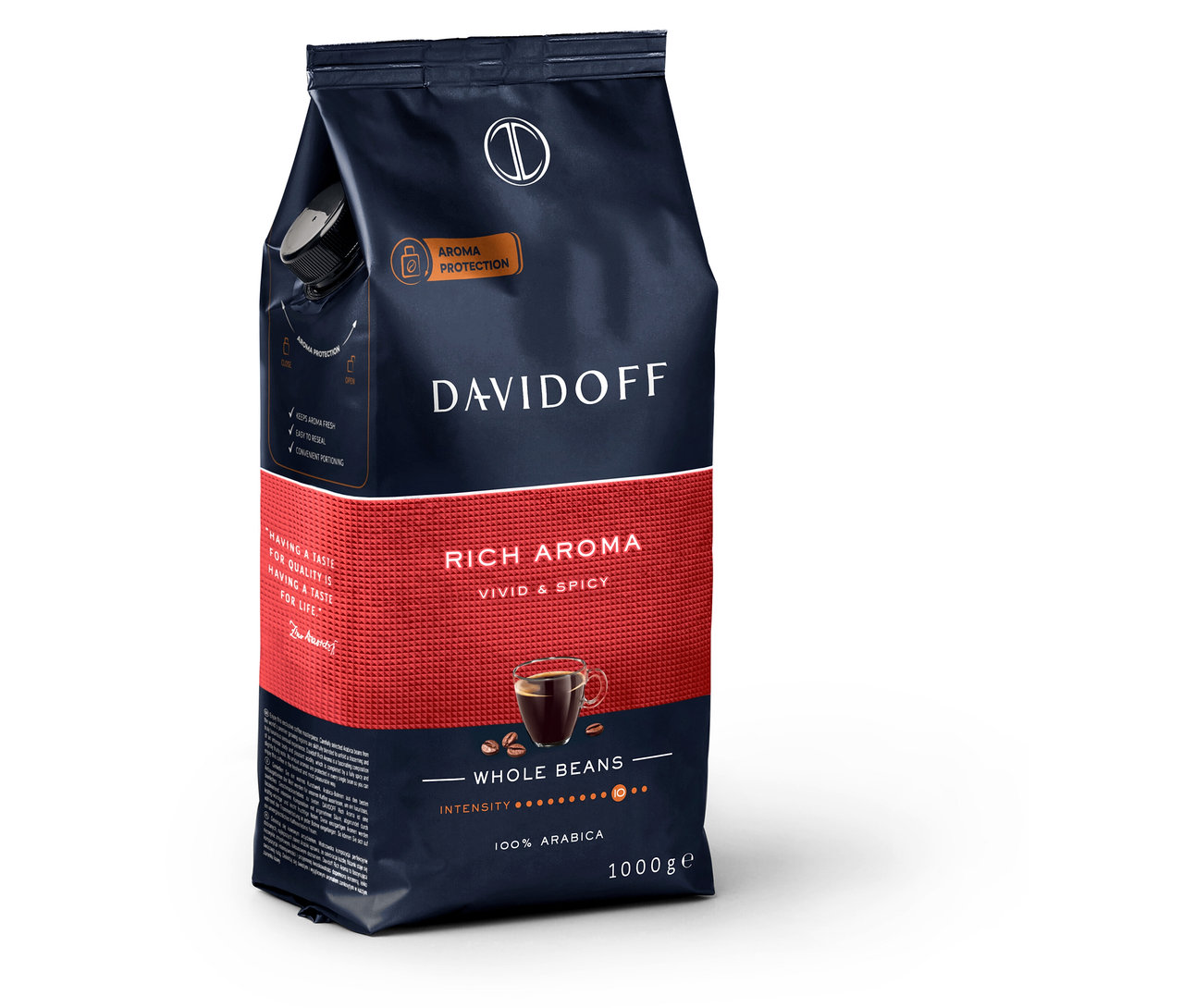 Eine Packung Davidoff Rich Aroma Kaffeebohnen.