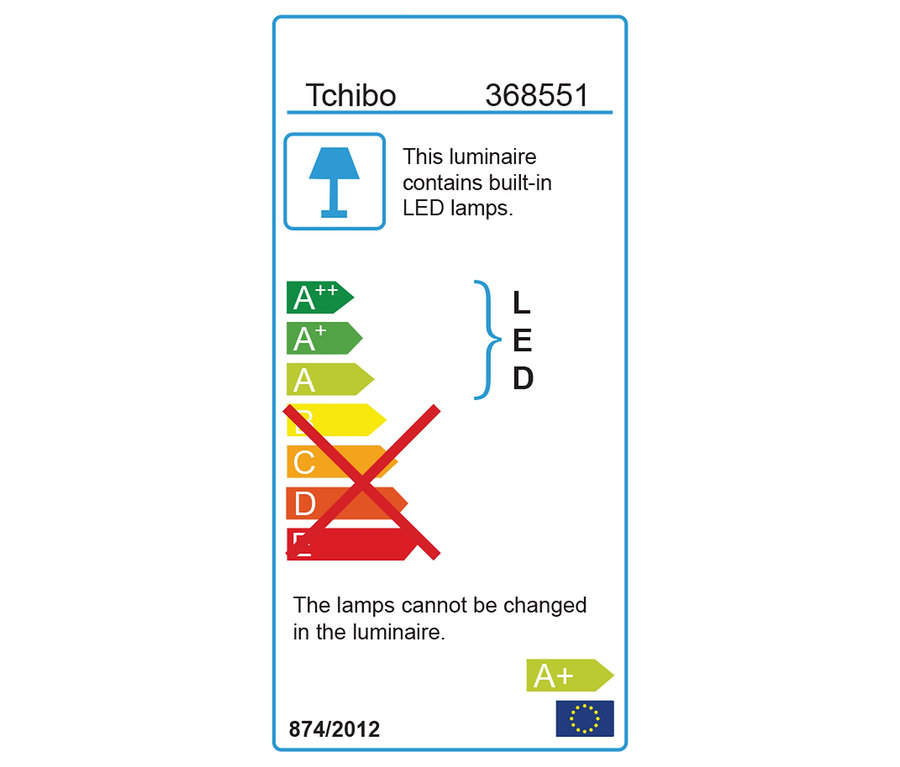 Tchibo Energieetikett mit den Klassen A++ bis F, LED und Informationen zum Nichtaustausch der Lampen.