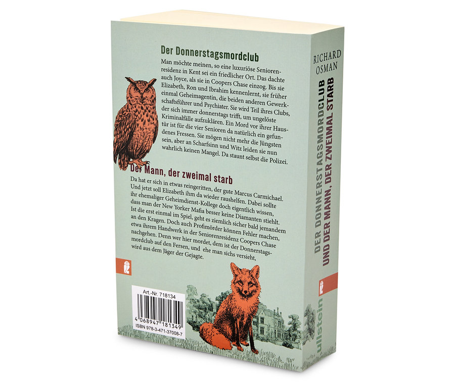 Buchrücken von "Der Donnerstagsmordclub und der Mann, der zweimal starb" von Richard Osman mit einer Abbildung einer Eule und eines Fuchses.