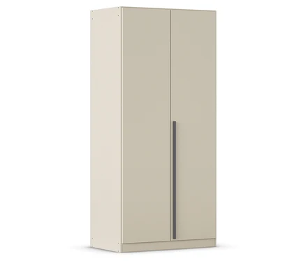 Beiger Schrank mit Doppeltüren und schmalem, senkrechtem Griff.