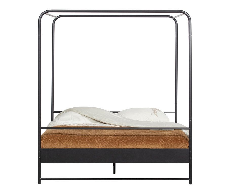 Schwarzes Woood Bett »Bunk« 160 x 200 cm mit brauner Decke und weißer Bettwäsche.
