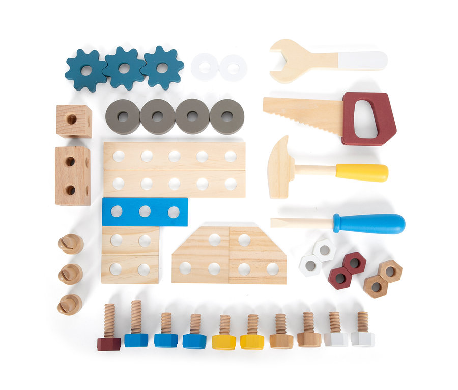 small foot Werkbank »Workshop« Bausatz mit Werkzeugen und Teilen auf weißem Hintergrund.