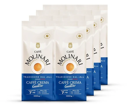 Vier Packungen Caffè Molinari Caffè Crema Gustoso Kaffeebohnen.