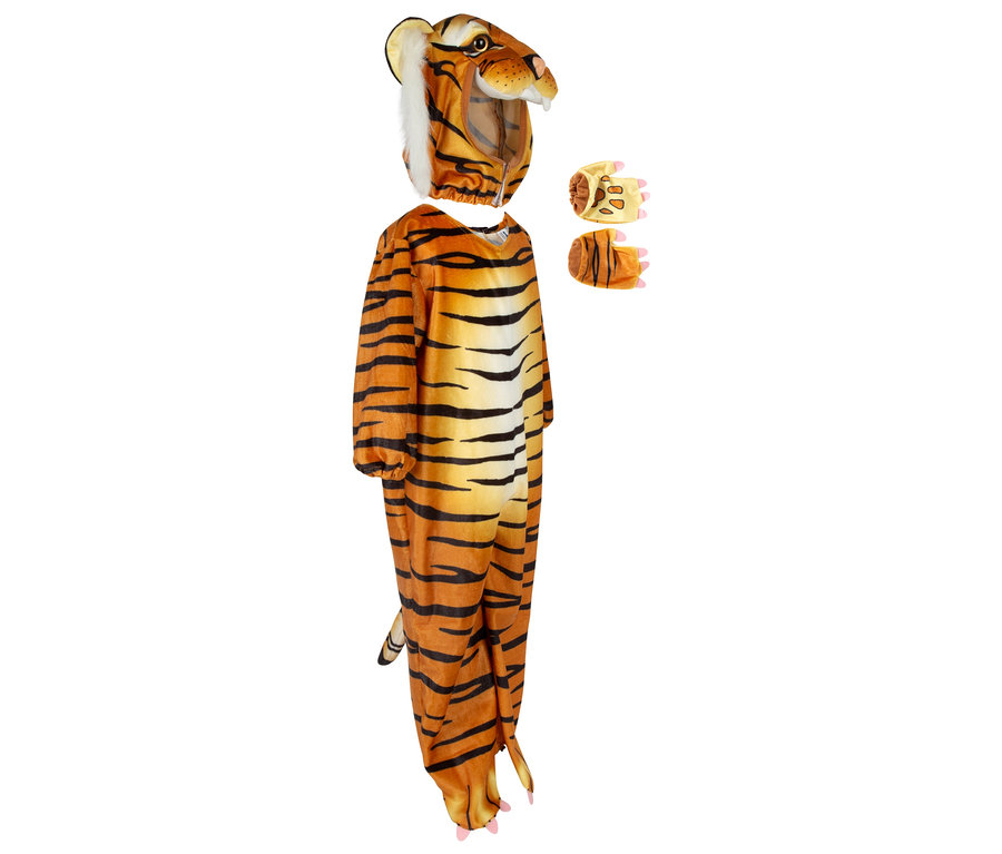 Orange-schwarzes Tigerkostüm mit Kapuze und Handschuhen.
