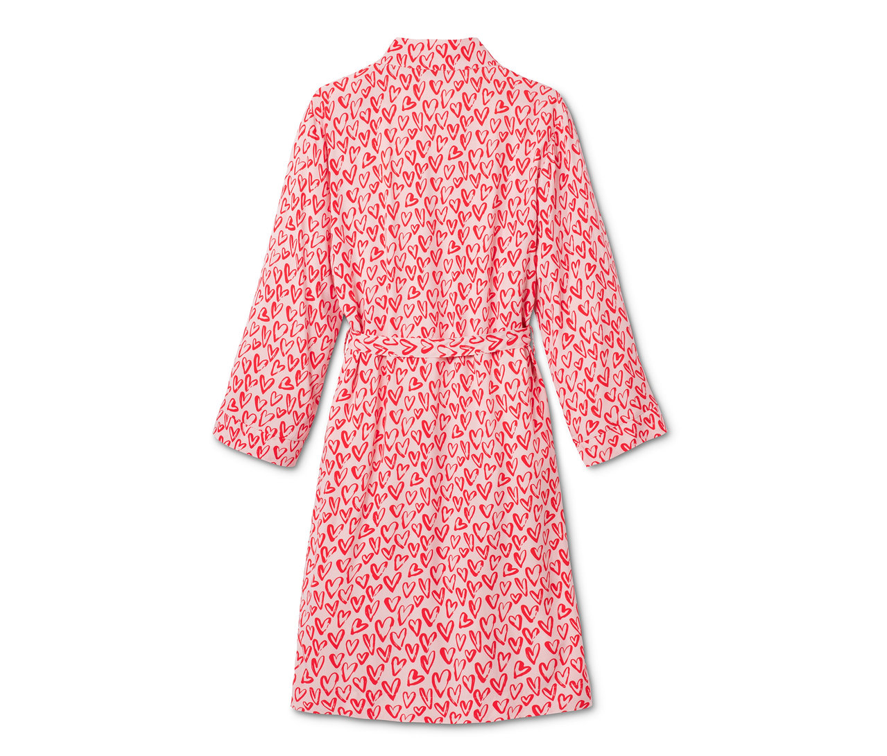 Kimono-Morgenmantel mit roten Herzen auf rosa Grund.